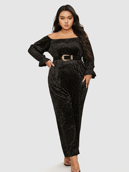 Off Shoulder Pocket Velvet Jumpsuit