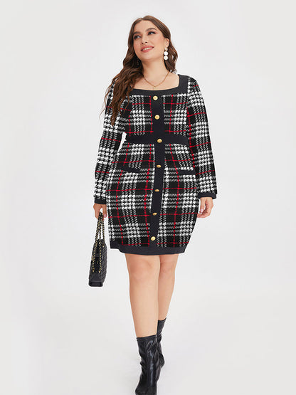 Plaid Square Button Detail Dress