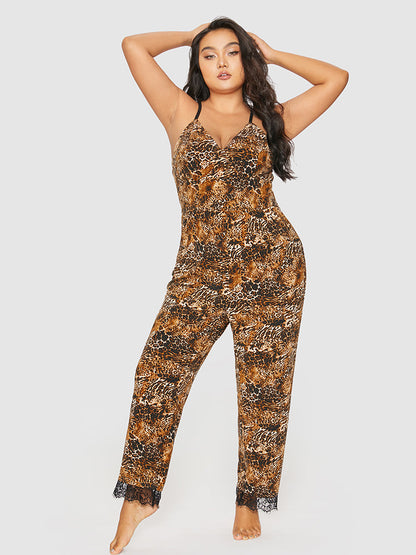 Leopard Lace Trim Crisscross Lounge Jumpsuit