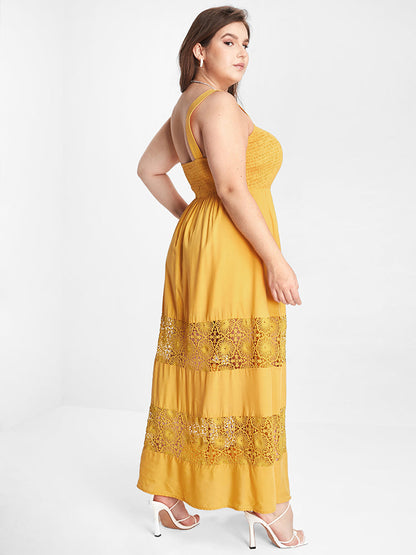 Plain Ruffle Shirred Eyelet Lace Maxi Dress