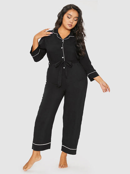 Contrast Binding Button Belted Lounge Jumpsuit