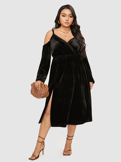 Velvet Cut Out Lace Trim Split Dress