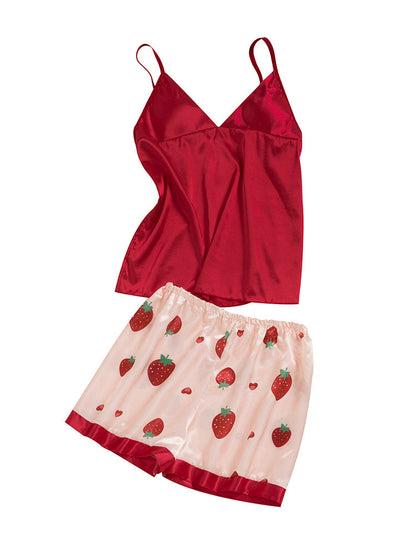 4pcs Strawberry Print Satin Belted Pajama Set