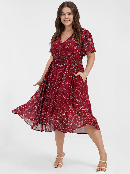 Polka Dot Button Pocket Shirred Ruffles Wrap Dress