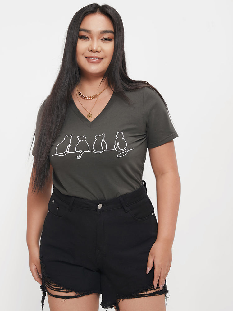 Cat Print V Neck  T-shirt