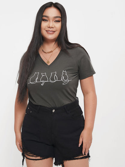 Cat Print V Neck  T-shirt