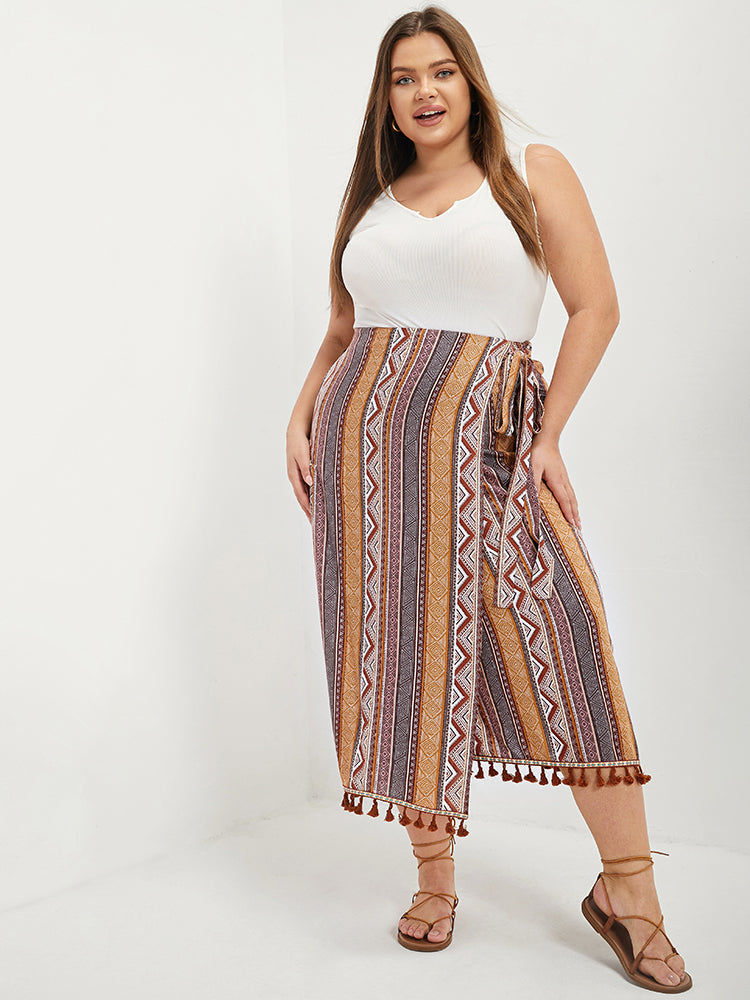 Geo Print Wrap Knot Fringe Hem Skirt