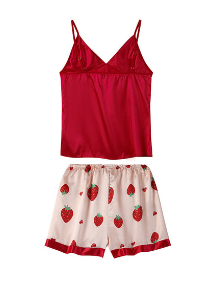 4pcs Strawberry Print Satin Belted Pajama Set