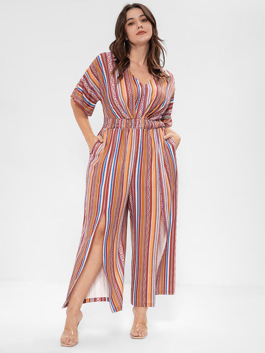 Bandana Printed Dolman Sleeve Shirred  Pocket Split Jumpsuit