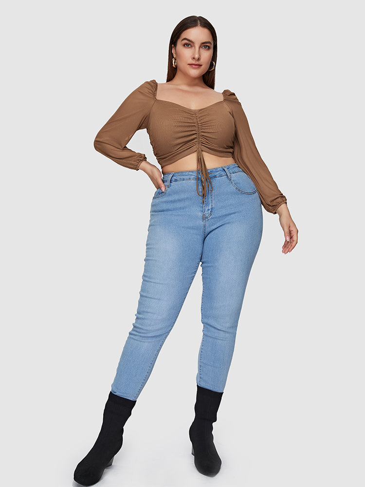 Bishop Sleeve Mesh Drawstring Crop Blouse