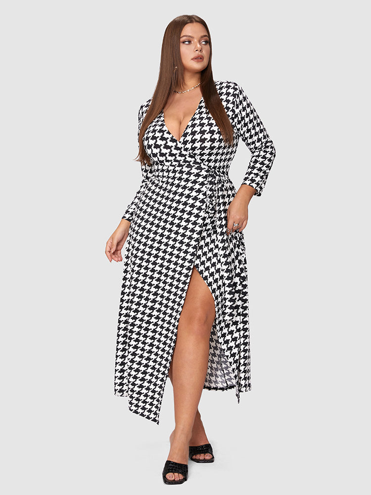 Samantha Business Casual - Houndstooth Wrap Tie Dress