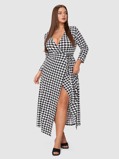 Samantha Business Casual - Houndstooth Wrap Tie Dress