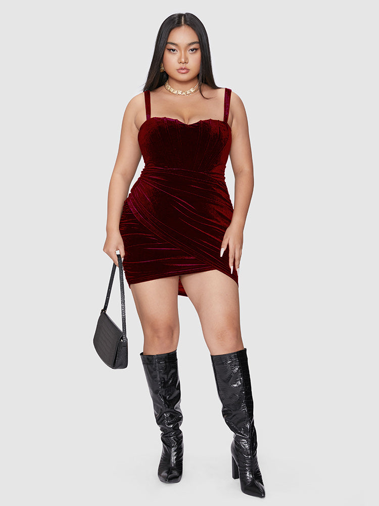 Solid Velvet Ruched Cami Bodycon Dress