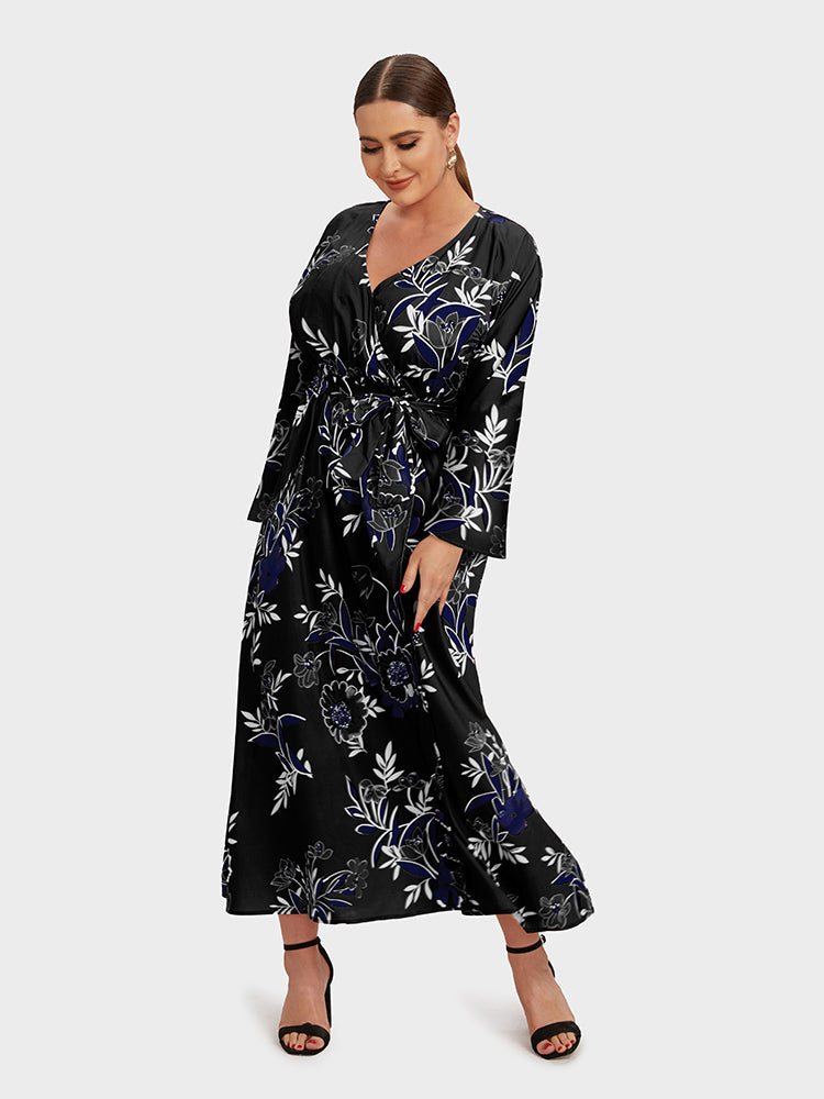 Plant Printed Surplice Neck Knotted Dress