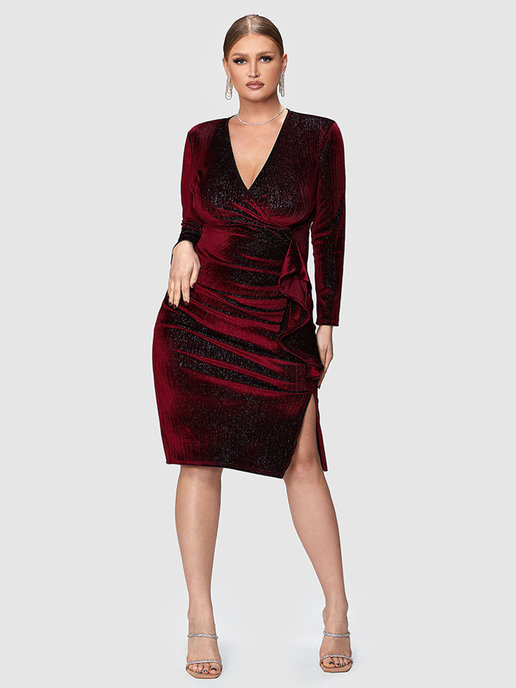 Solid Ruffles Velvet Bodycon Dress