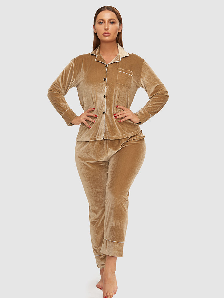 Contrast Binding Button Pocket Velvet Pajama Set
