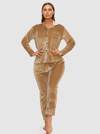 Contrast Binding Button Pocket Velvet Pajama Set