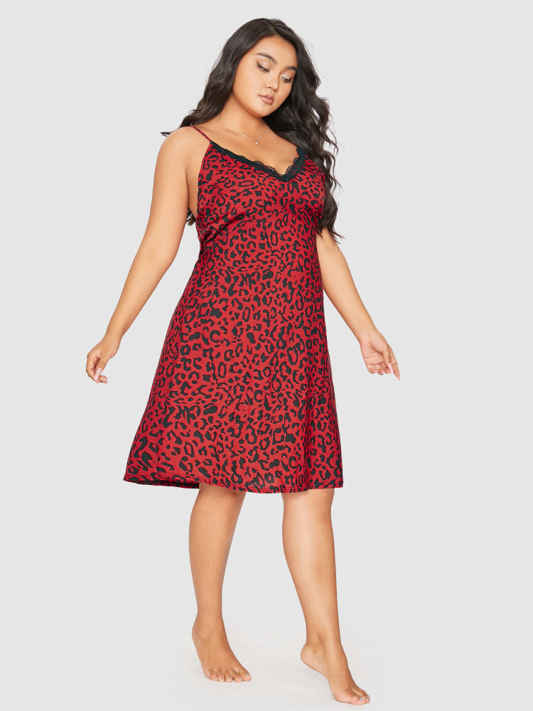 Leopard Lace Trim Cami Sleep Dress