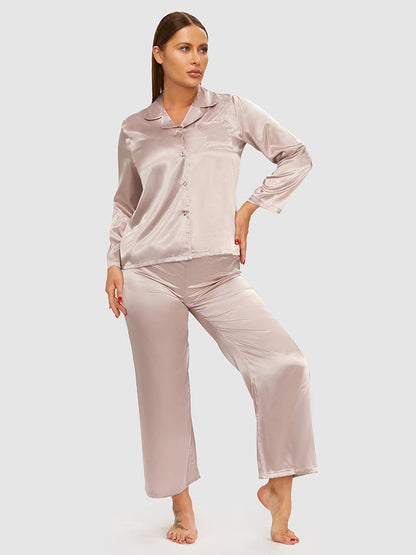 Lapel Collar Satin Button Front Pajama Set