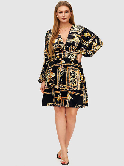 Chain & Scarf Art Print Ruched Dress