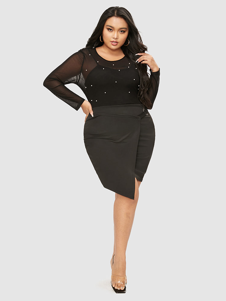 Beaded Contrast Mesh Wrap Bodycon Dress