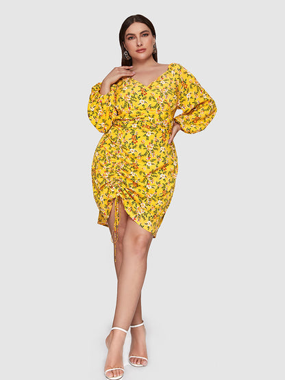 Ditsy Floral Ruched Drawstring Bodycon Dress