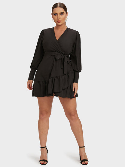 Lantern Sleeve Ruffled Wrap Knot Dress