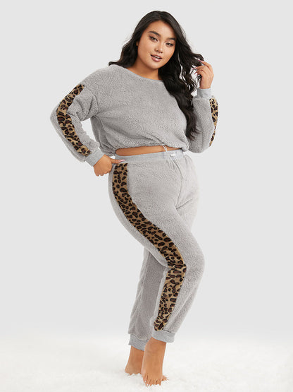 Leopard Panel Drawstring Flannel Lounge Set
