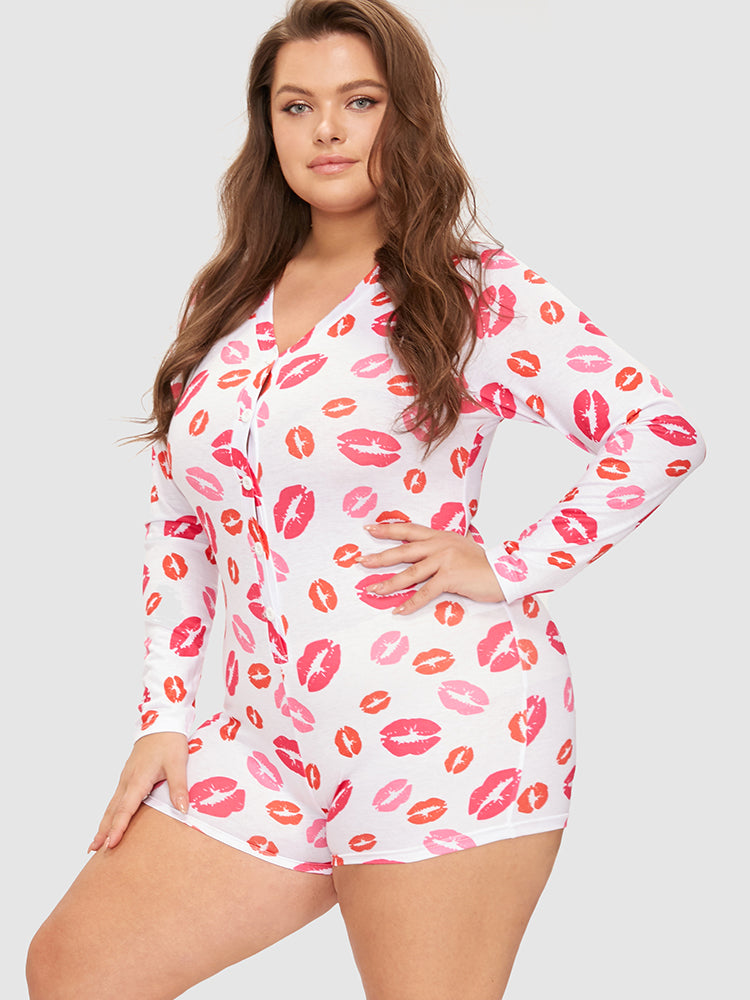 Samantha Casual At Home - Allover Lip Print Button Sleep Ropmer