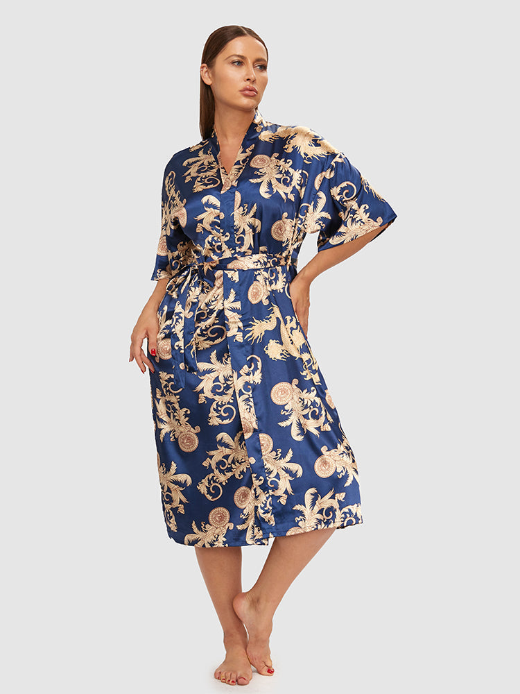 Scarf Art Print Satin Belted Night Robe