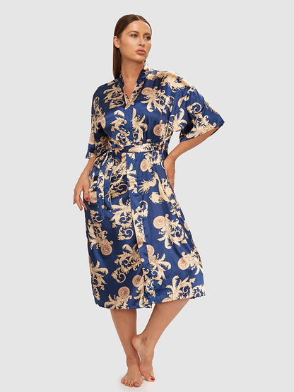 Scarf Art Print Satin Belted Night Robe