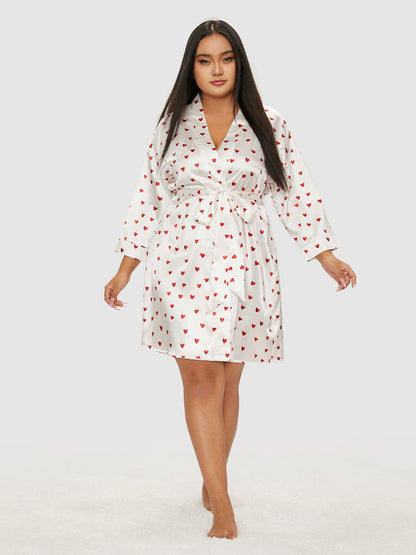 Heart Pattern Belted Satin Lounge Dress