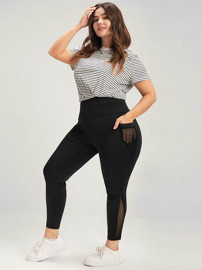 Plain Mesh Pocket Wide Waistband  Leggings
