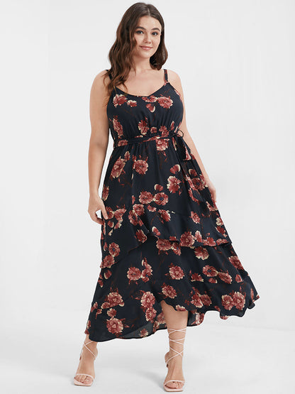 Floral Backless Ruffles Tiered Belted Cami Dress