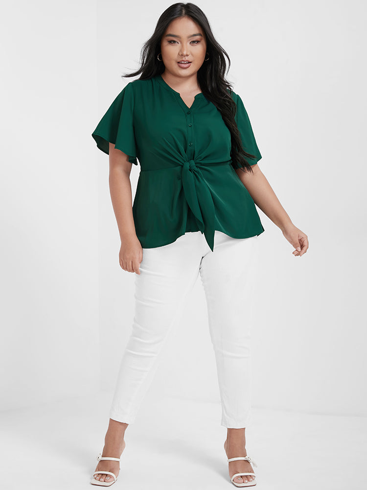 Solid Knotted Button Flutter Sleeve Blouse