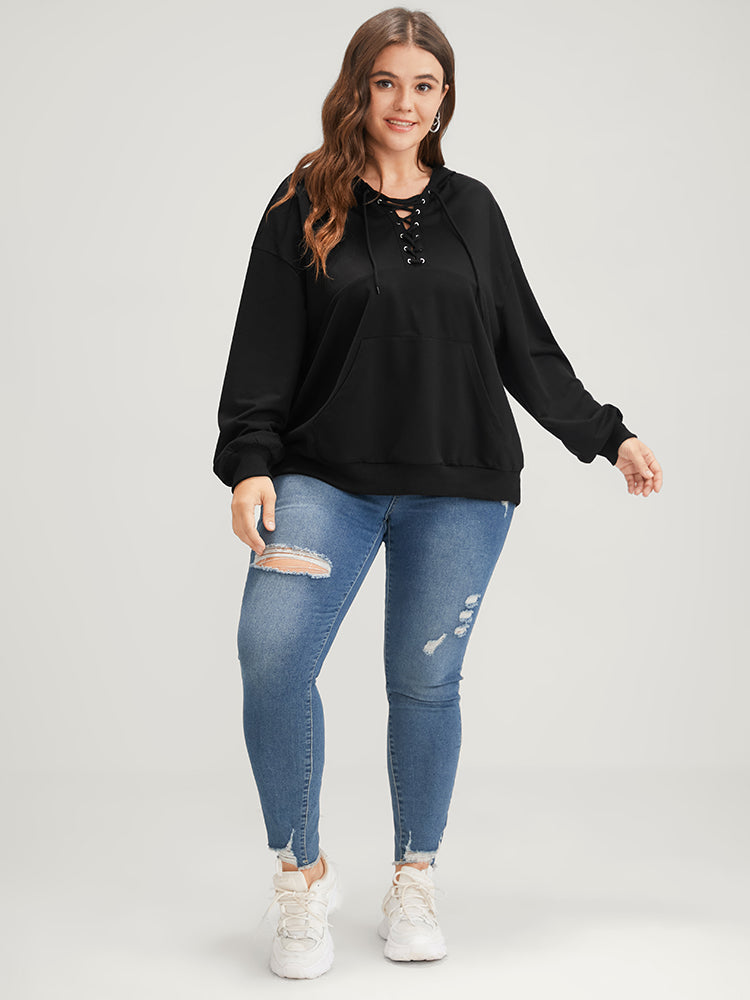 Plain Lace Up Pocket Drop Shoulder Hooded Sweatshirt