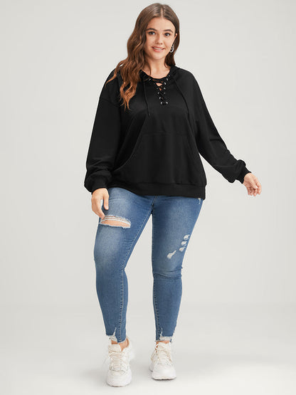 Plain Lace Up Pocket Drop Shoulder Hooded Sweatshirt