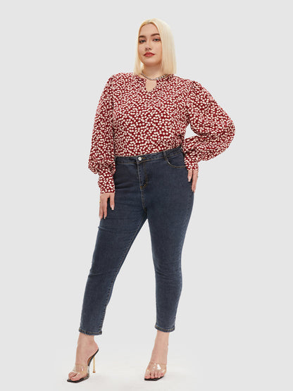 Cherry Pattern Notched Collar Blouse