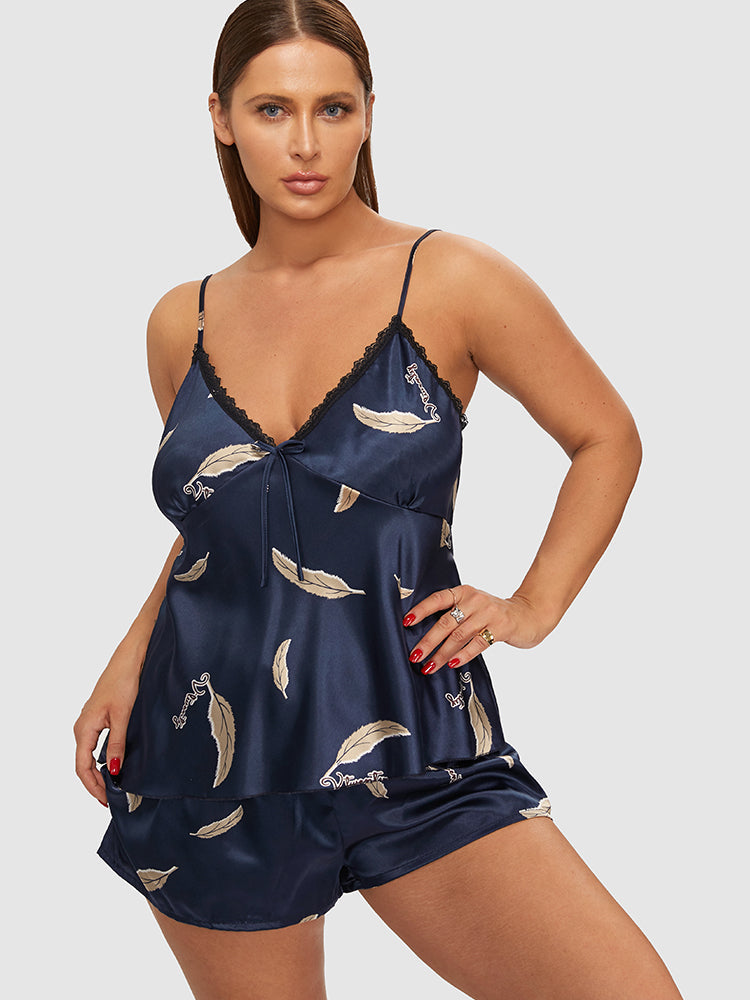 Feather Print Satin Lace Trim Pajama Set