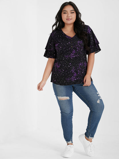 Galaxy Ruffles Sleeve Button V Neck T-shirt