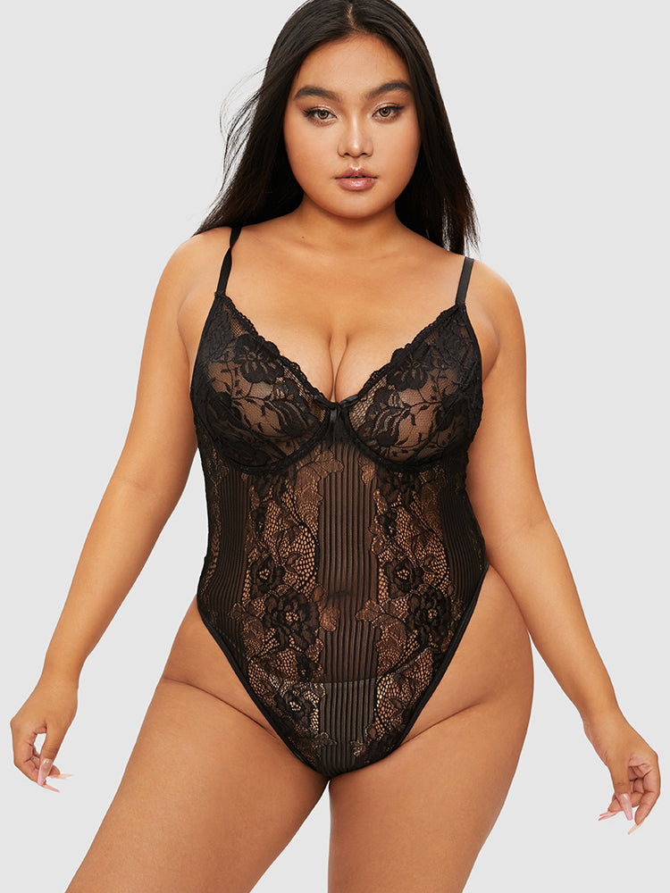 Floral Lace Sheer Cami Bodysuit Without Thong