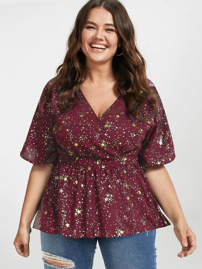 Star Printed Elastic Waist Ruffled V Neck Blouse