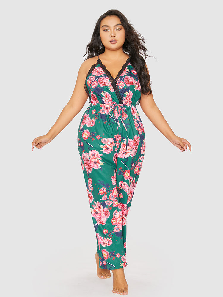 Floral Print Lace Trim Backless Lounge Jumpsuit