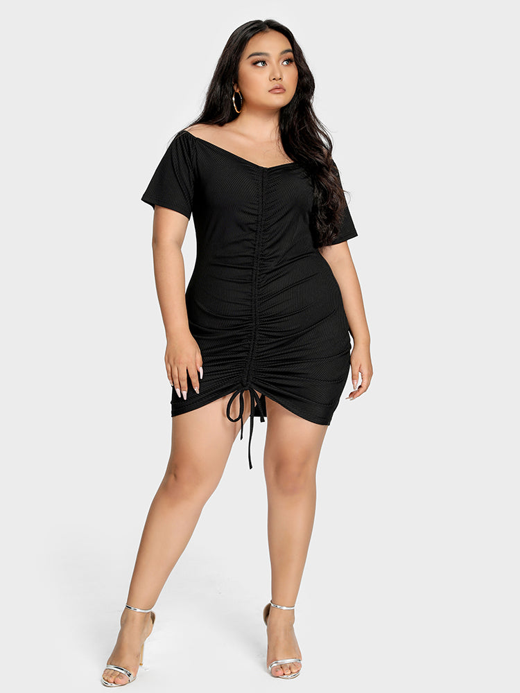 Ruched Knit V Neck Dress