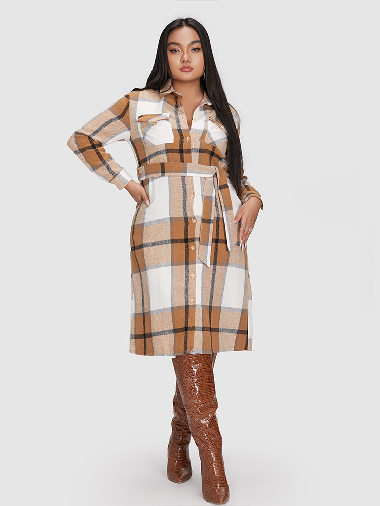 Plaid Pocket Belted Shirt Dress