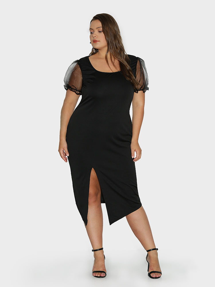 Mesh Puff Sleeve Split Hem Dress