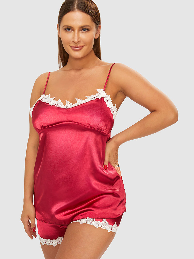 Satin Lace Trim Cami Top & Short Pajama Set