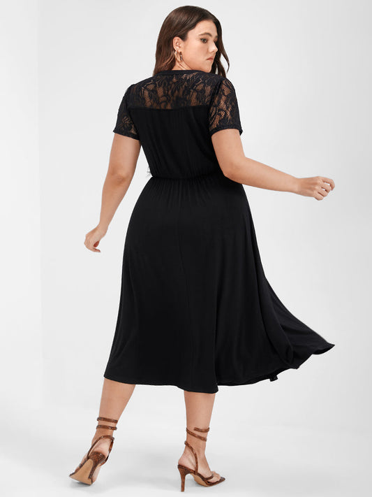 Plain Ruffles Button Contrast Lace Pocket Midi Dress