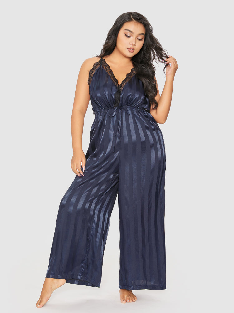 Striped Lace Trim Backless Lounge Jumpsuit