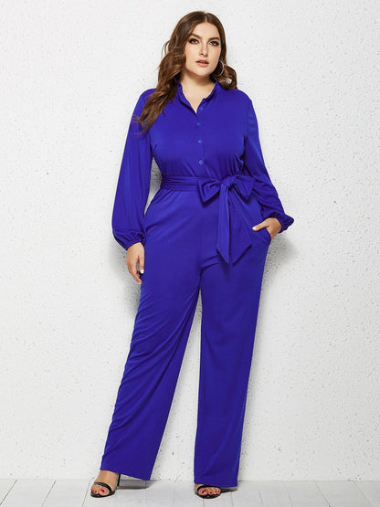 Solid Color Belt Lantern Sleeve Jumpsuits